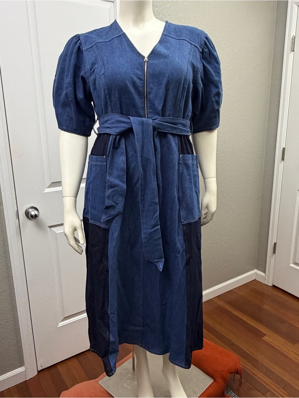 Aligne Jalen Patchwork Denim Midi Dress w/Tie Belt US14/UK18